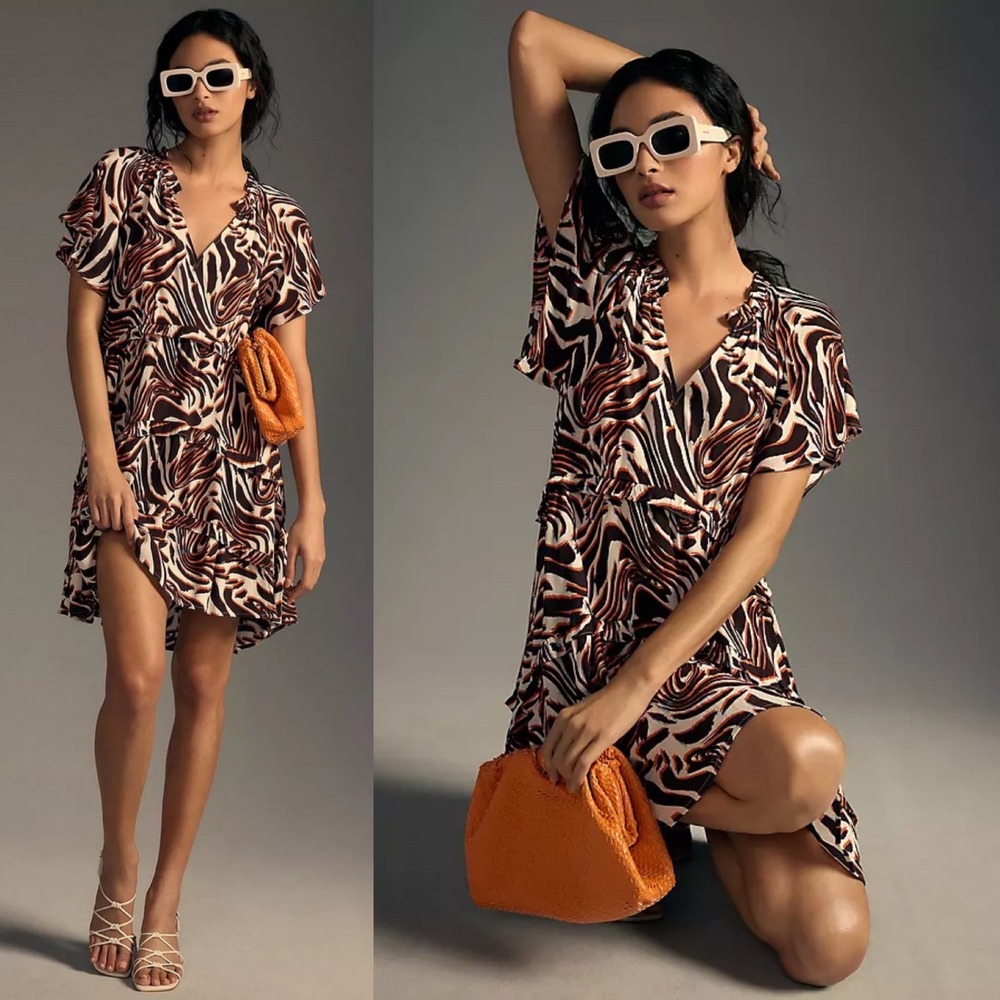 By Anthropologie Womens Robin Tiered Mini Dress S‎ Brown Zebra Animal Print